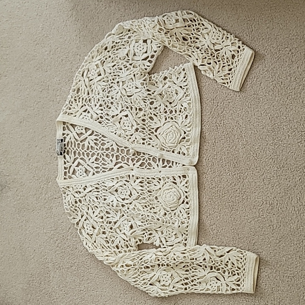 Vtg 90s Contempo White Cropped Crochet Cardigan Sweater Coquette Cottagecore - Picture 3 of 7